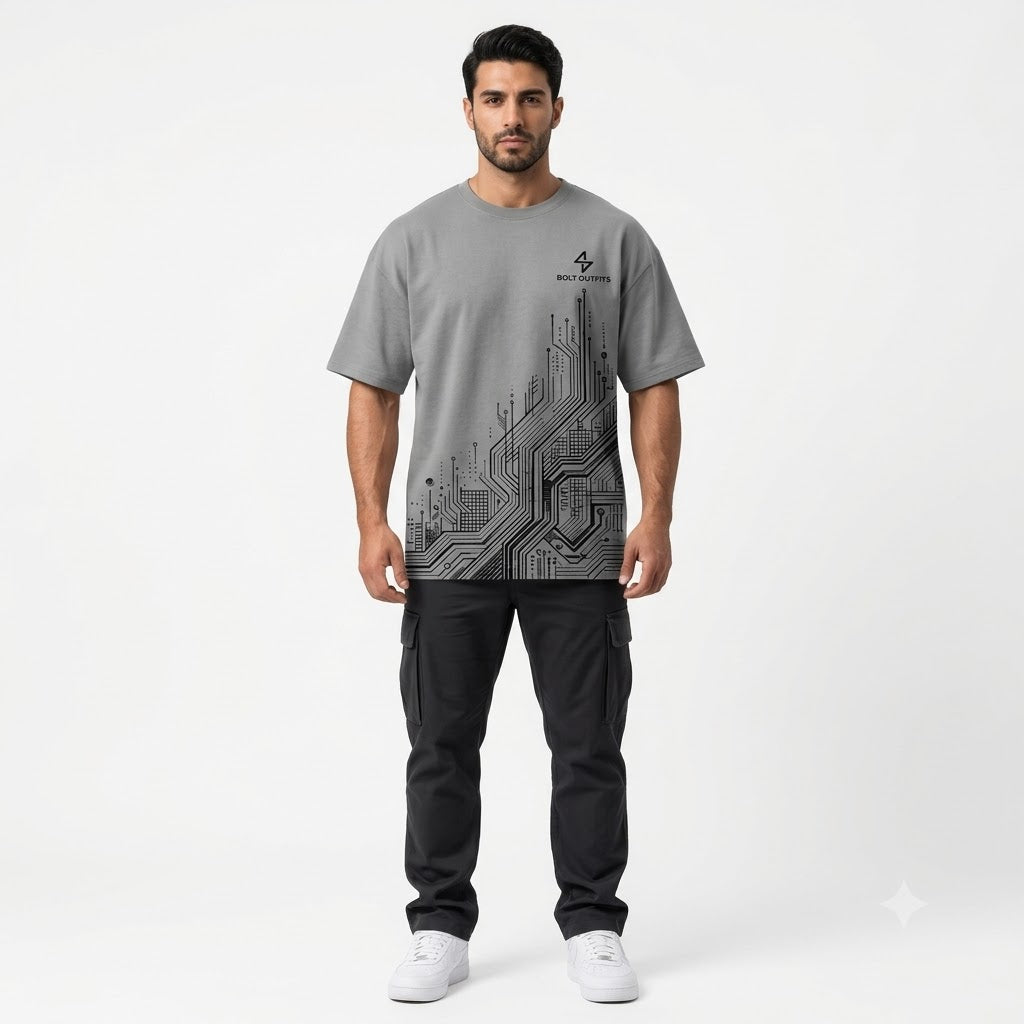 BOLT OUTFITS Circuit Graphic Oversized T-Shirt – Grey
