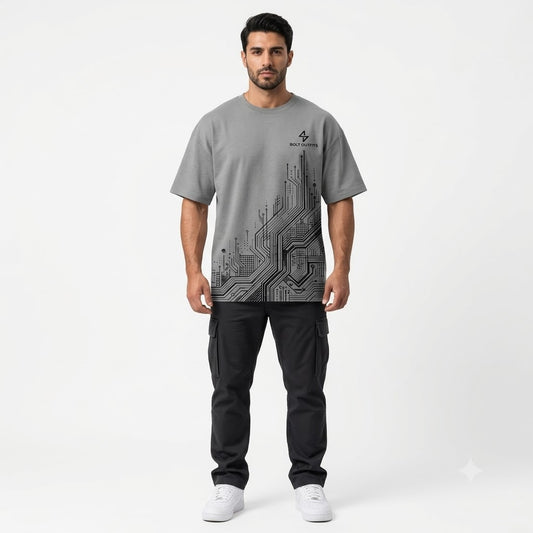BOLT OUTFITS Circuit Graphic Oversized T-Shirt – Grey