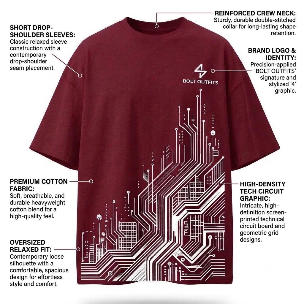 Bolt Outfits Maroon Oversized Circuit Graphic T-Shirt – Premium Streetwear