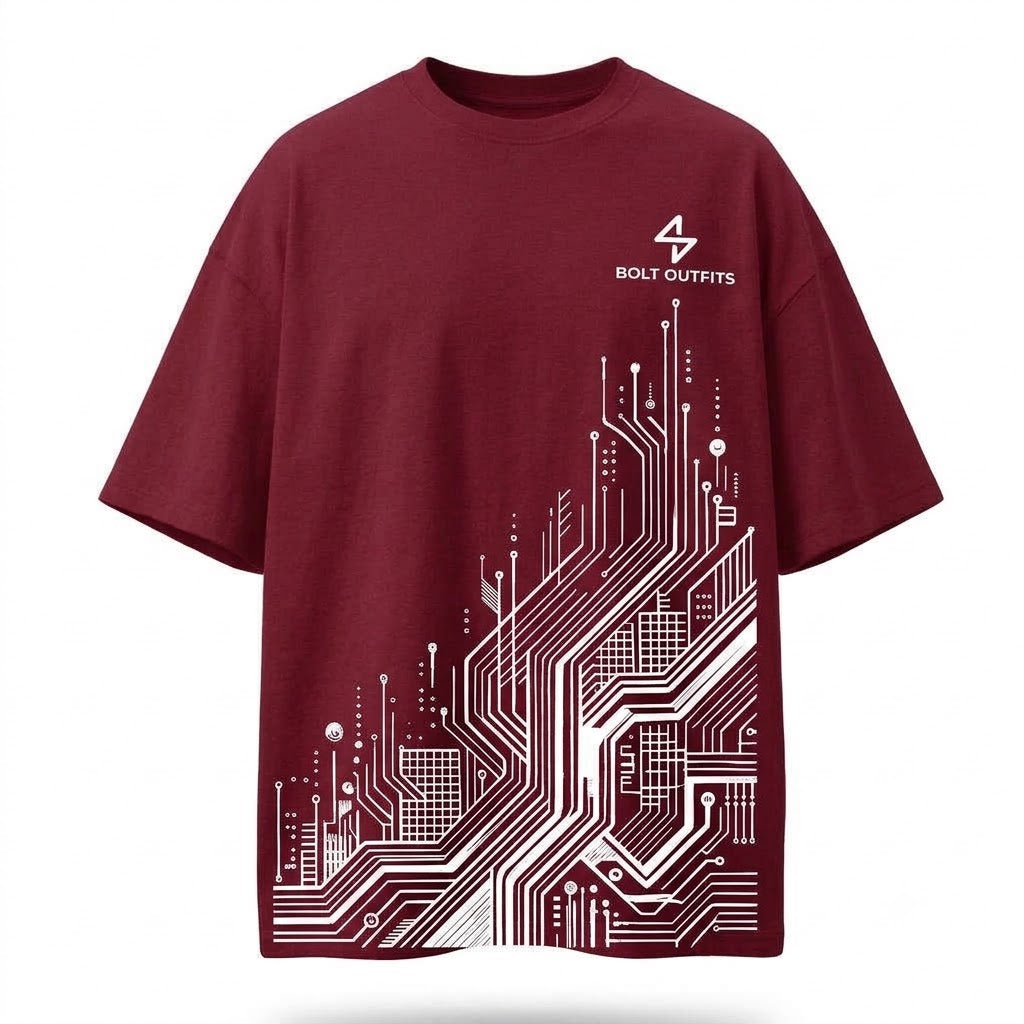 Bolt Outfits Maroon Oversized Circuit Graphic T-Shirt – Premium Streetwear