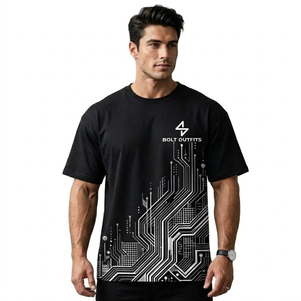Bolt Outfits Black Oversized Circuit Graphic T-Shirt – Bold Techwear