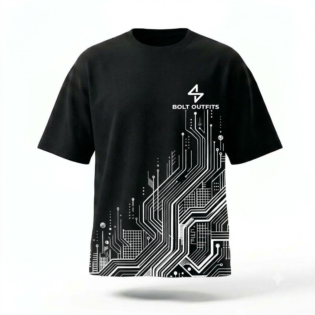 Bolt Outfits Black Oversized Circuit Graphic T-Shirt – Bold Techwear