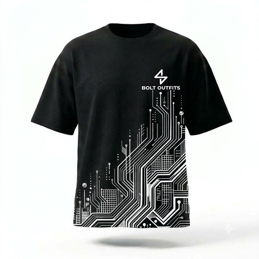 Bolt Outfits Black Oversized Circuit Graphic T-Shirt – Bold Techwear