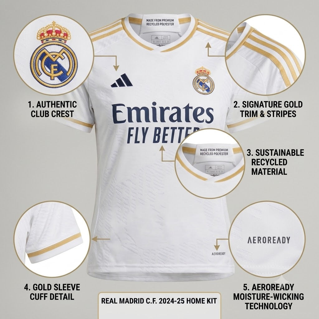 Real Madrid 23/24 Home Jersey - White & Gold Football T-Shirt (Premium Edition)