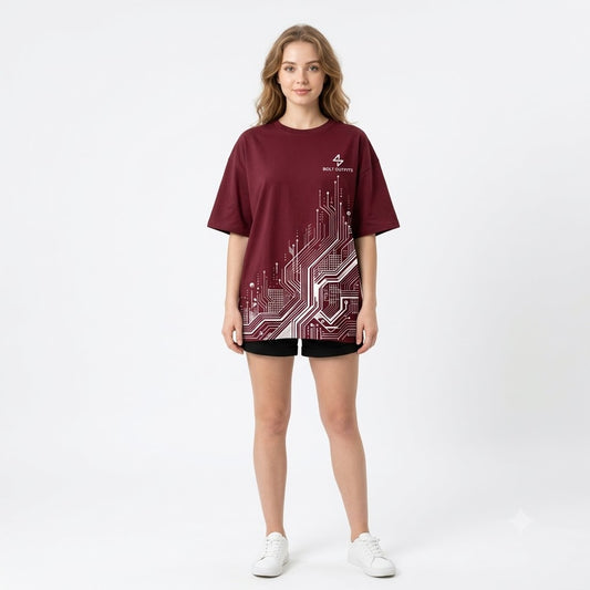 Bolt Outfits Maroon Oversized Circuit Graphic T-Shirt – Premium Streetwear