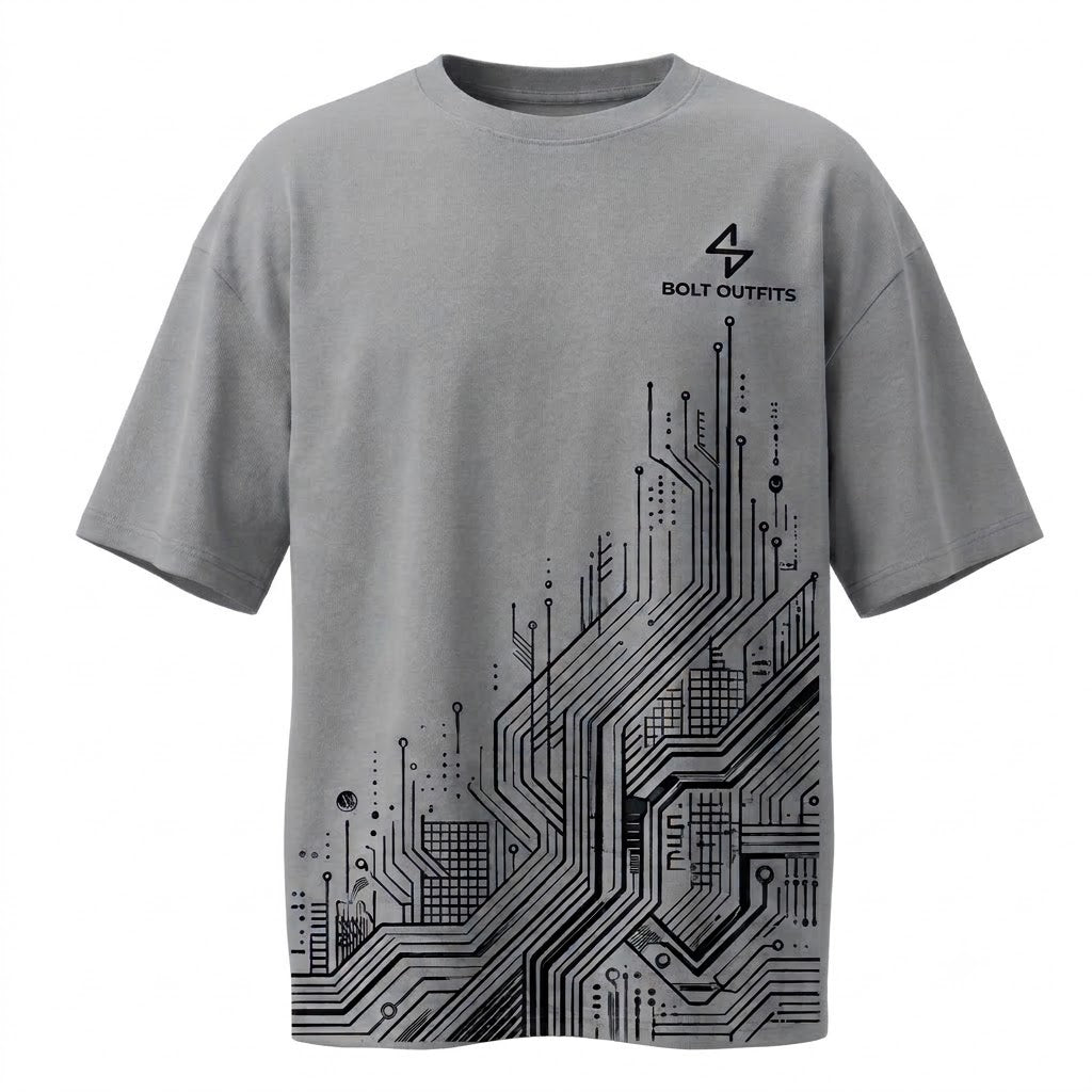 BOLT OUTFITS Circuit Graphic Oversized T-Shirt – Grey