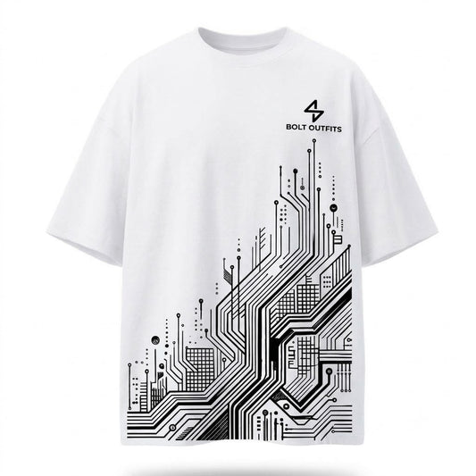 Bolt Outfits Oversized White Circuit Graphic T-Shirt – Minimal Streetwear