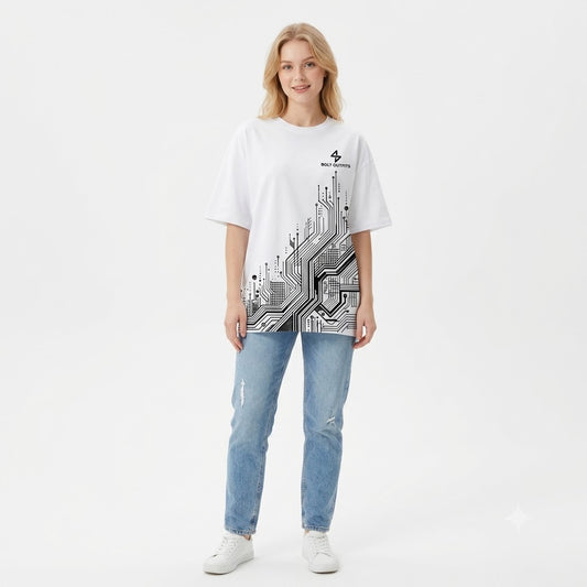 Bolt Outfits Oversized White Circuit Graphic T-Shirt – Minimal Streetwear